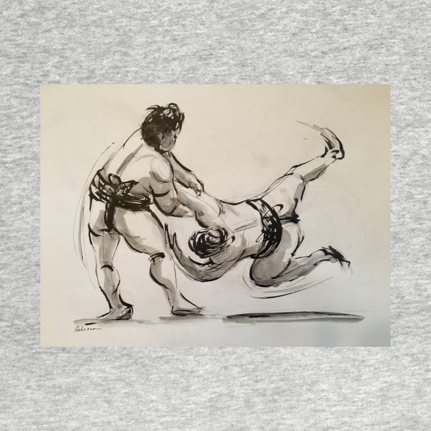 Sumo #17 - Sumo wrestlers ink wash painting on paper by tranquilwaters